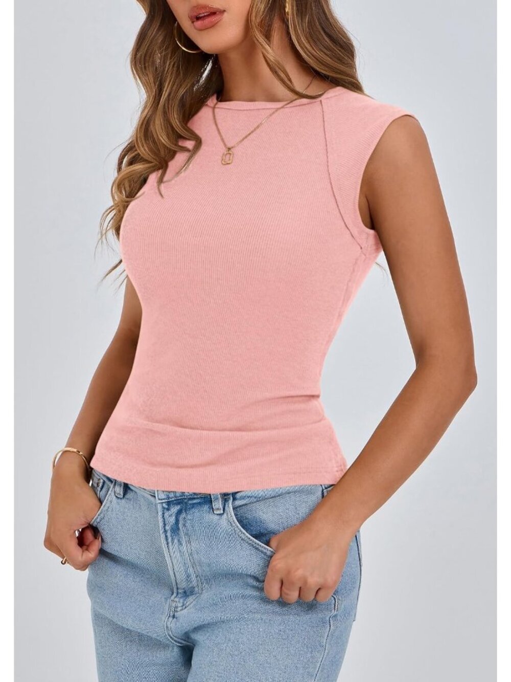 〽️Women's Pink Cap Sleeve Slim Fitted Knit Basic Casual Tee Shirt Tank Top